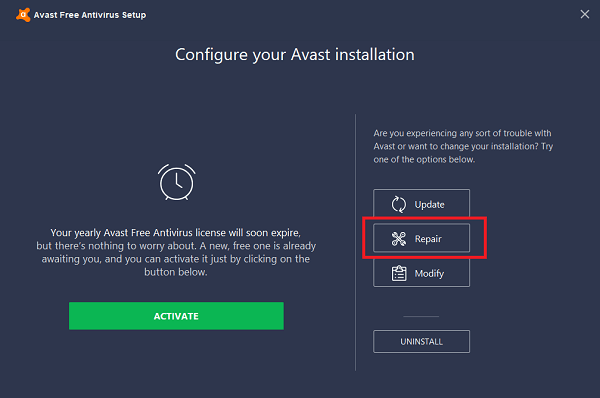 Avast background service not running solution - Repair the antivirus