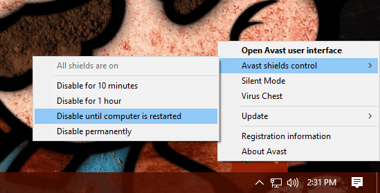 Disabling Avast shield control
