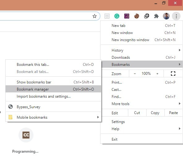 Bookmark settings of Google chrome
