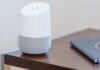 Choice of Home Automation white and gray Google home on brown table