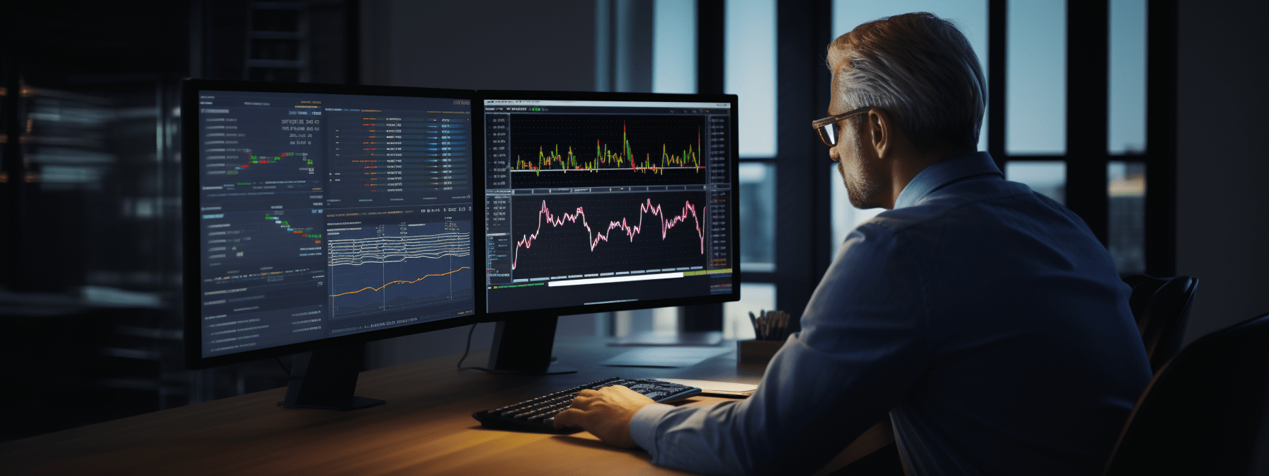 A man in an office studying a dashboard reporting on his computer
