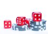 What’s Better Than a Great Offer That’s Impossible to Refuse? Vibrant red dice stacked with poker chips, ideal for gambling themes.