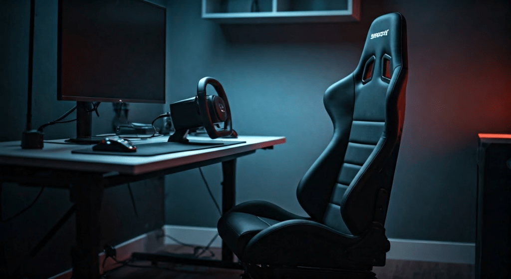 Comfortable racing sim seat in gaming room