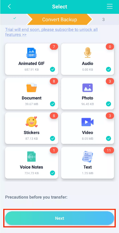 select whatsapp data to backup