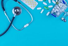 AI Receptionist for Pharmacies: Benefits, Use Cases, and How to Choose the Right Solution in 2026 a stethoscope, pills, and a shopping cart on a blue background