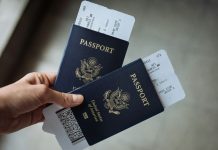 The Essential Travel Documents Worth Backing Up Before Every International Trip A hand holding two United States passports with airline boarding passes tucked inside